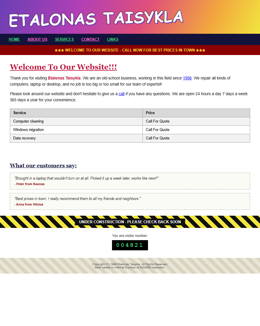 A deliberately bad example website, showing outdated design, cluttered layout, and tiny unreadable text.