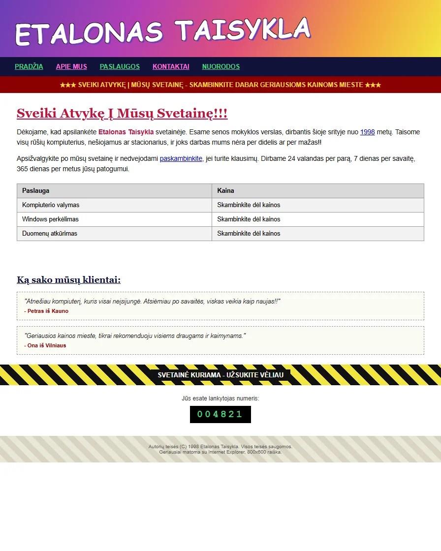 Sąmoningai blogas pavyzdinis tinklalapis, rodantis pasenusį dizainą, netvarkingą išdėstymą ir mažą, neįskaitomą tekstą.