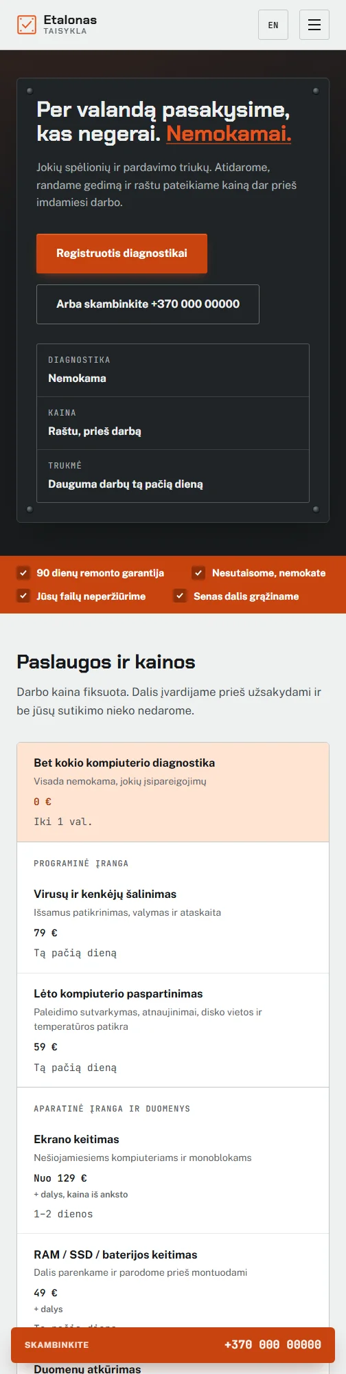 Etalonas Taisykla svetainė, rodoma telefone