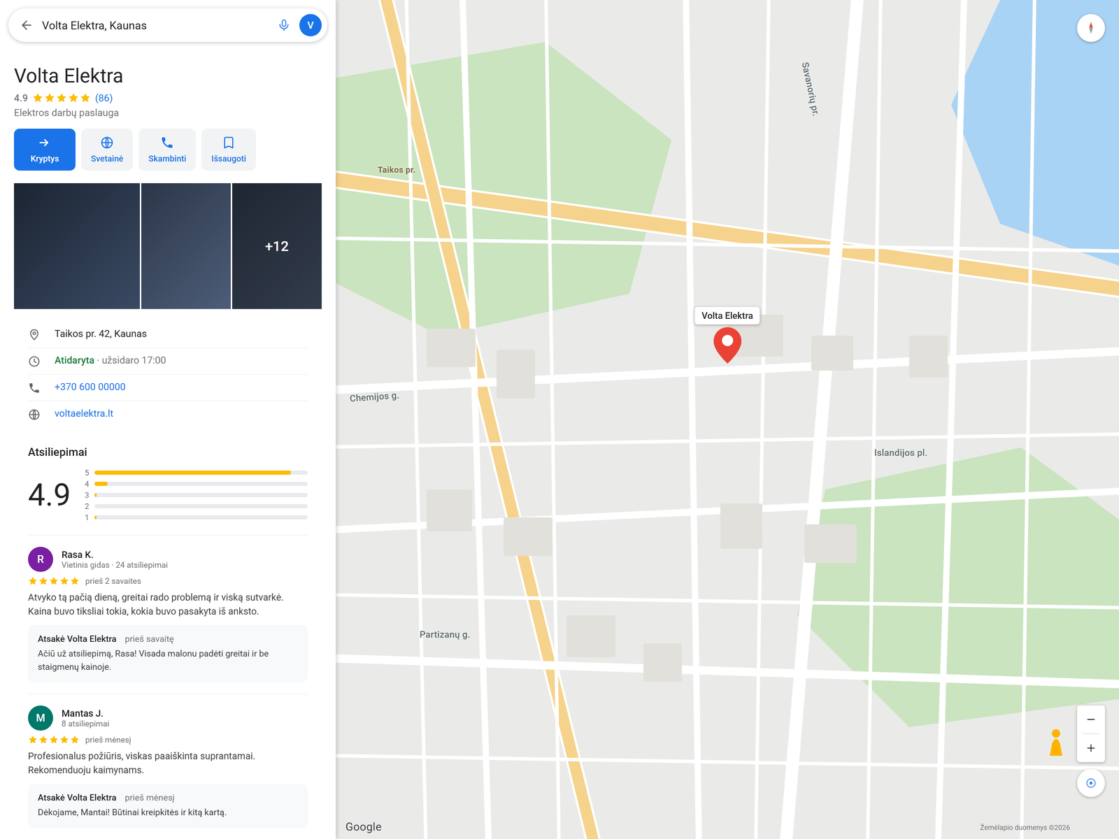 Google Maps listing for a fully optimized Google Business Profile, showing a 4.9 rating, complete business details, and replied customer reviews