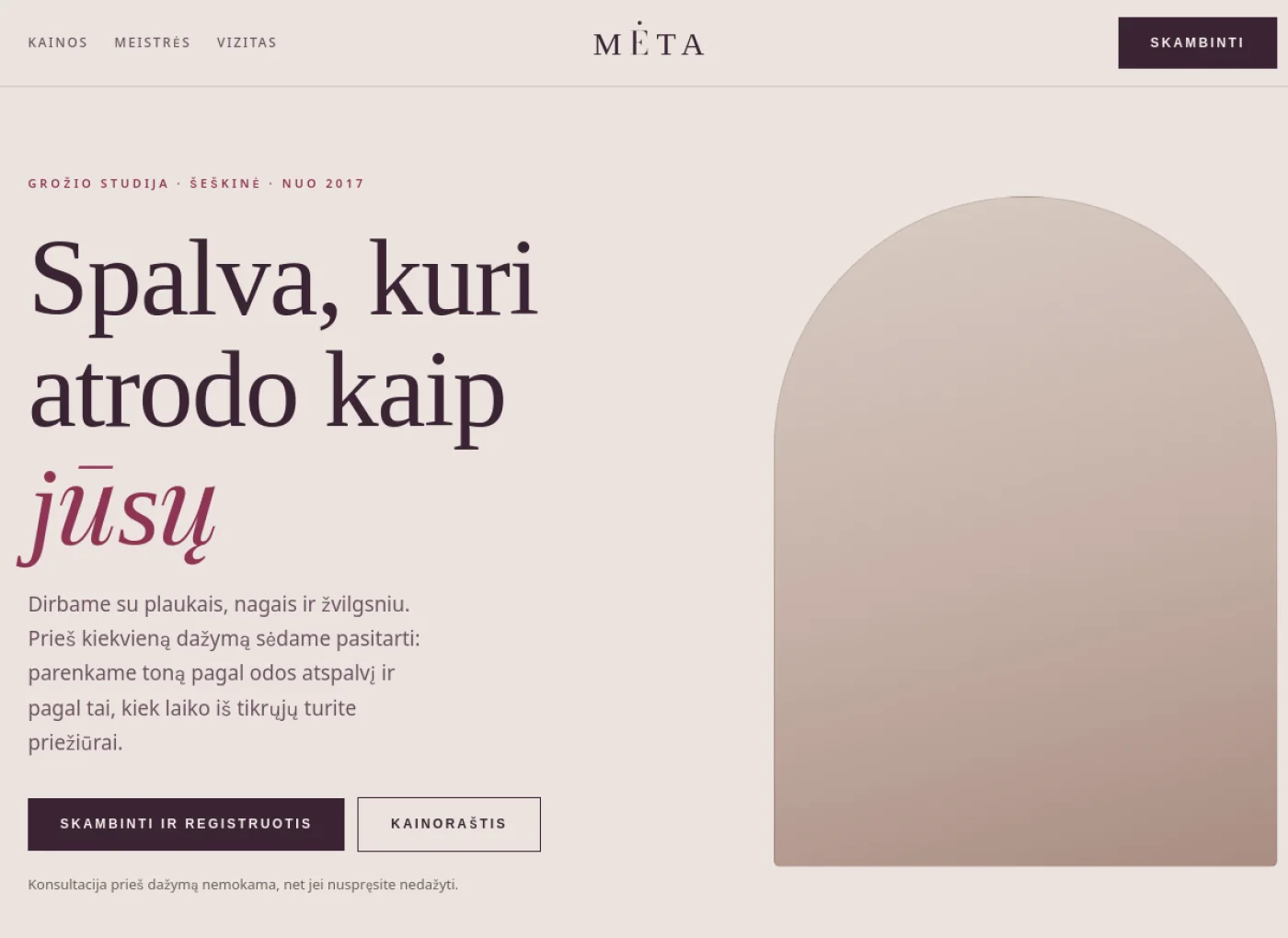 MĖTA grožio studija svetainės pagrindinio puslapio ekrano nuotrauka